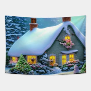 Magical Fantasy Cottage with Lights In A Snowy Scene, Scenery Nature Tapestry