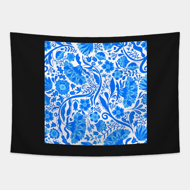 Blue white folk flowers Tapestry by Kimmygowland