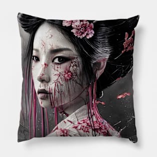 Dark geisha art with paint dripping ,horror vibe. Pillow