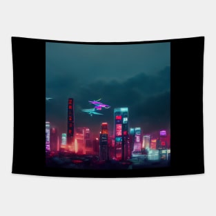 Lo-fi Flight Zone - Cyberpunk Cityscape Skyline Tapestry