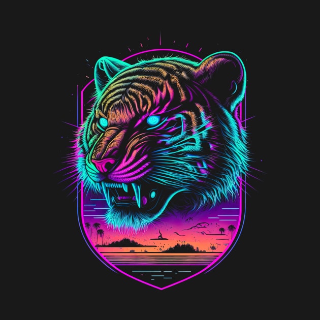 Retrowave Synthwave Tiger Head - 1980's Animal Print by Odd World