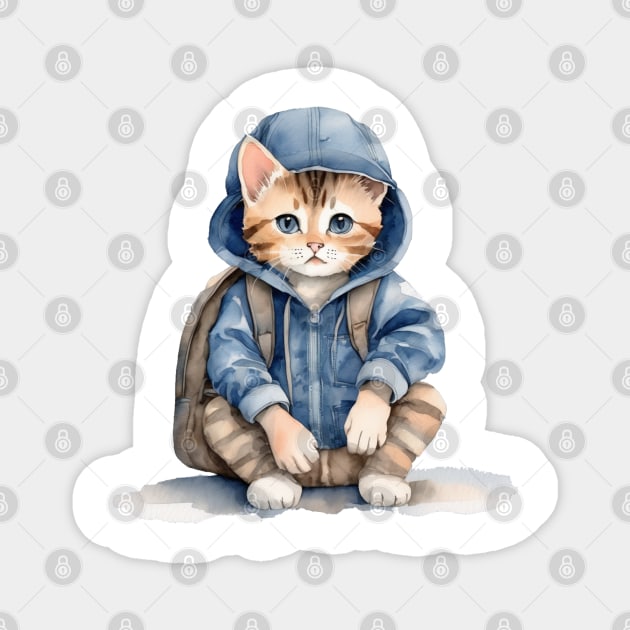 cute streat cat wearing a hoodie and a backpack Magnet by JnS Merch Store