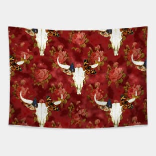 Bull skull and roses - burgandy Tapestry