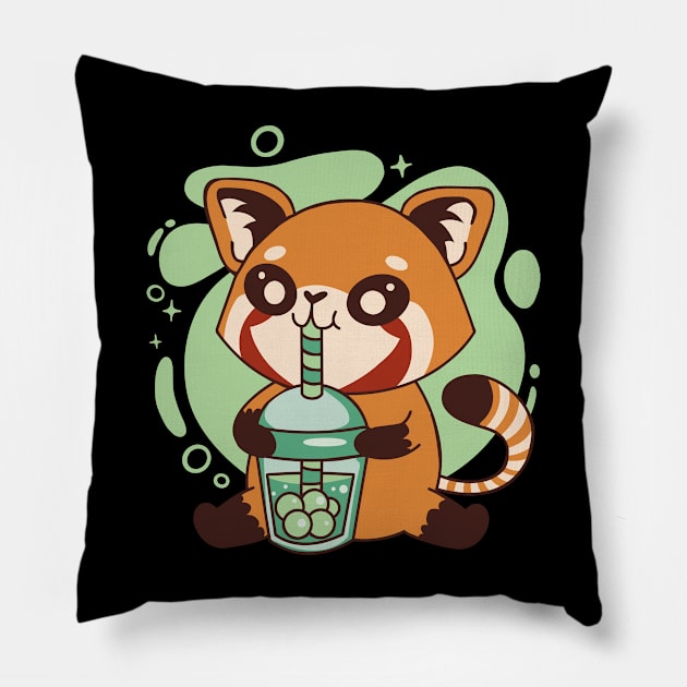 Red Panda With Bubble Tea Boba Pillow by Visual Vibes