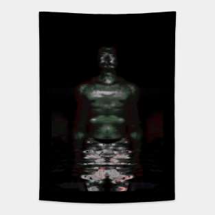 Portrait, digital collage and special processing. Muscular weird guy in briefs. Darkness. Glow. Green, gray. Tapestry