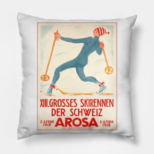 Arosa, Switzerland: 1918 Ski Races Competition - Vintage Swiss Poster Pillow