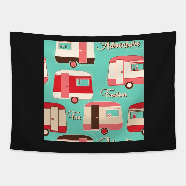 Repeat pattern of cute vintage caravans in retro colours pinks on turquoise Tapestry by NattyDesigns