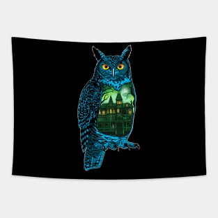 Halloween Owl with Haunted House Tapestry