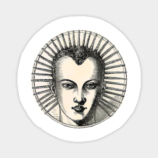 Face with stylized hair in a circular arrangement. Vintage drawing in black and white Magnet