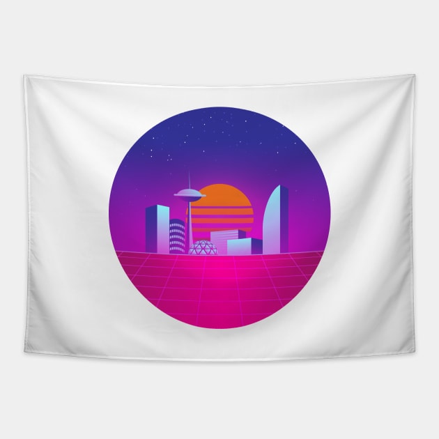 Synthwave 80's neon city Tapestry by RARA_AVIS