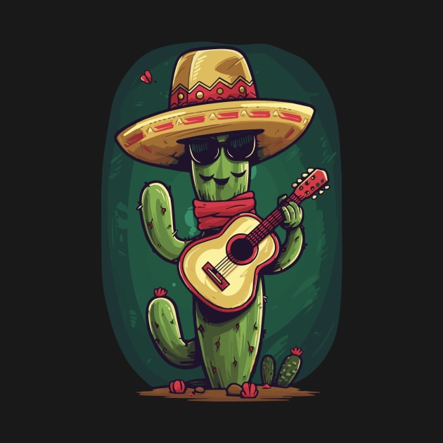 Funny Cartoon Cactus with Guitar and sombrero by TSHIRT PLACE
