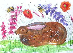 Hare reposing among Flowers and Bumble bees Magnet