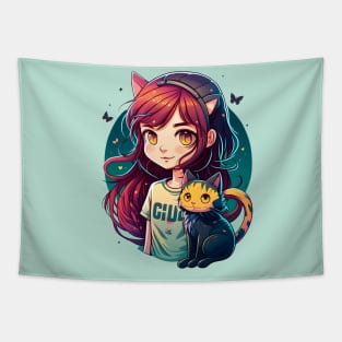 Girl & Cat Kawaii Anime Retro Cat Lover Tapestry