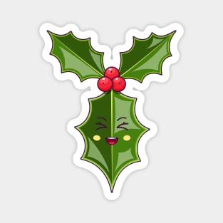 Cartoon Kawaii Holly Leaf with Laughing Face Magnet