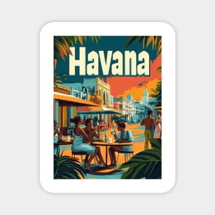 Experience the charm of Havana as friends gather at a lively cafe, enjoying drinks and conversations beneath a beautiful sunset, surrounded Magnet