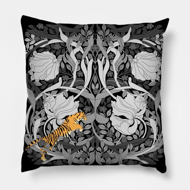 William Morris floral pattern with Tiger Achromatic Pillow by Magcelium