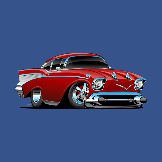 Classic hot rod 57 muscle car, low profile, big tires and rims, candy apple red cartoon by hobrath