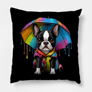 Boston Terrier Rainy Day With Umbrella Pillow