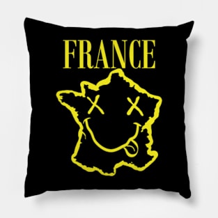 Vibrant France: Unleash Your 90s Grunge Spirit! Smiling Squiggly Mouth Dazed Smiley Face Pillow