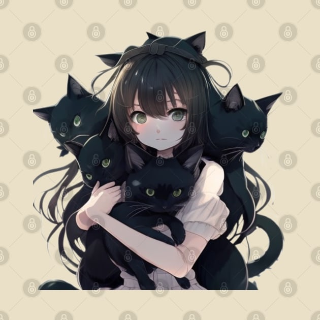 Anime Girl Hugging Many Black Cats by YuriArt