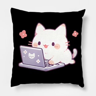 Kawaii anime cat using laptop Pillow