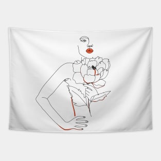 Minimal Woman line art. Abstract one line woman face with peony flower. Tapestry