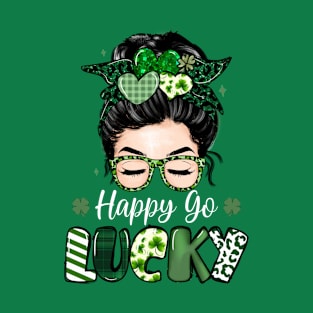 Women Happy Go Lucky Messy Bun Shamrock Irish St Patrick's Day T-Shirt