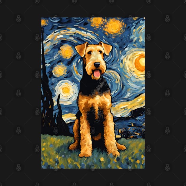 Cute Airedale Terrier Dog Breed Painting in a Van Gogh Starry Night Art Style by Art-Jiyuu