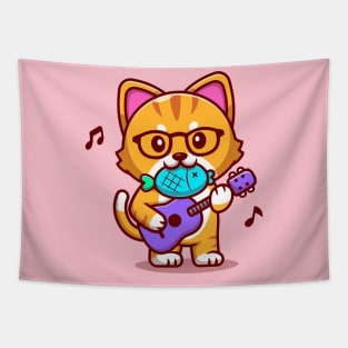 Cute Cat Playing Guitar With Fish Cartoon Tapestry