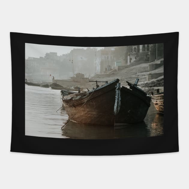 Varanasi, boat in river Ganga Tapestry by Melissa Peltenburg Travel Photography