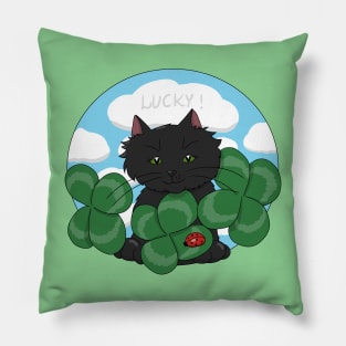 Cute Cat with Four Leaf Clovers Pillow