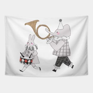 Clown Bunny and Elephant Playing Musical Instruments Tapestry