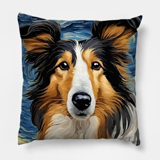 Cute Collie Dog Breed Painting in a Van Gogh Starry Night Art Style Pillow