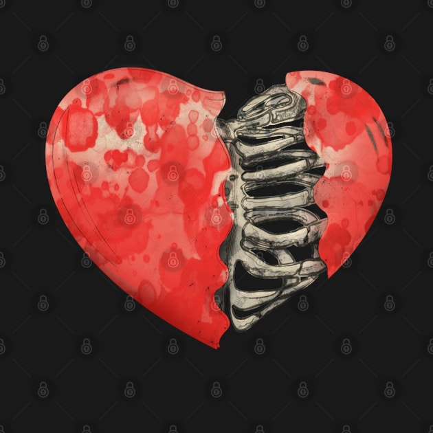 Skeleton rib heart, Broken, heart, watercolor design rib heart by Collagedream