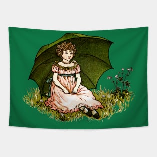 Vintage Girl With Umbrella Illustration Tapestry