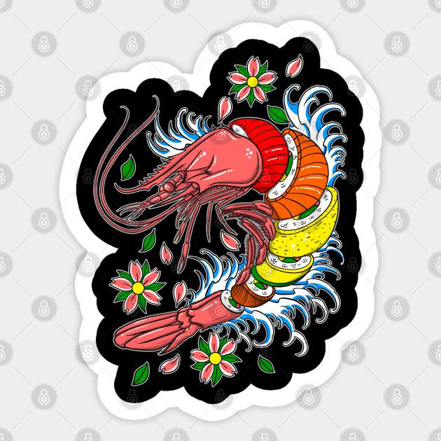 Shrimp Roll - Japanese Style Tattoo Shrimp w/ Rainbow Roll Sushi - Shrimp - Sticker | TeePublic Shrimp Roll - Japanese Style Tattoo Shrimp w/ Rainbow Roll Sushi - Shrimp - Sticker | TeePublic