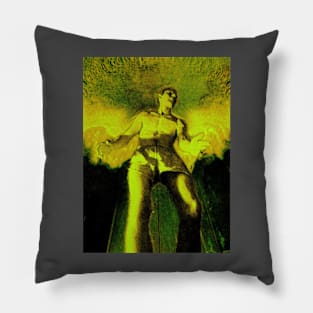 Portrait, digital collage and special processing. Angel in underpants in room. Astonishing. Bright green. Pillow