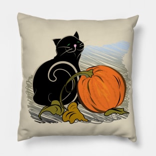 Black Cat with Pumpkin Pillow