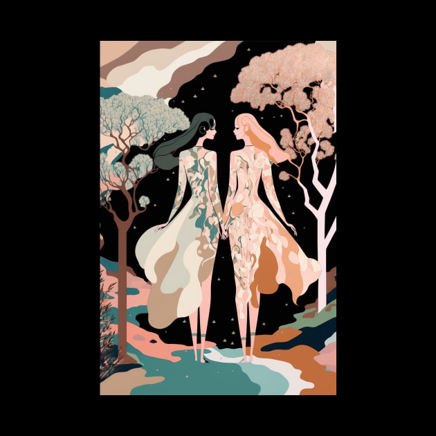 Lovers in the Woods - Two Women Hiking Through a Beautiful Forest Landscape by JensenArtCo