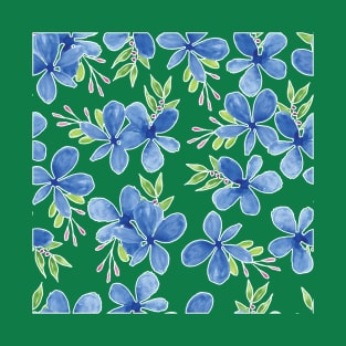 Blue Petal Flower Watercolor Pattern Gree Background T-Shirt