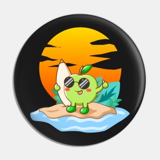 Surfer Apple Kawaii Character Funny Summer Beach Surfing Pin
