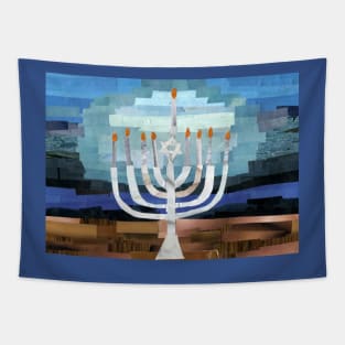 Fully Lit Menorah Collage Tapestry