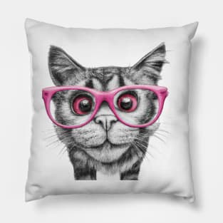 pencil black and white drawing of curious cat wearing light pink colored glasses art Pillow