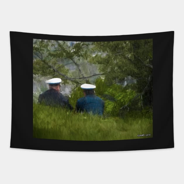 Rainy Day Meeting in the Park Tapestry by kenmo