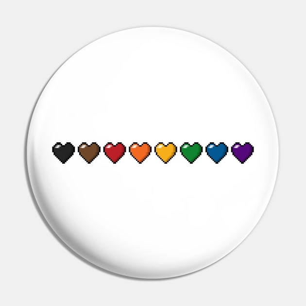 Row of Eight Inclusive Rainbow Pride Flag Pixel Hearts Pin by LiveLoudGraphics