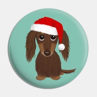 Longhaired Chocolate Dachshund with Santa Hat Cute Dog Christmas Pin