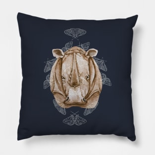 Watercolor Rhino Portrait with Moths | Olive Green and Brown Pillow