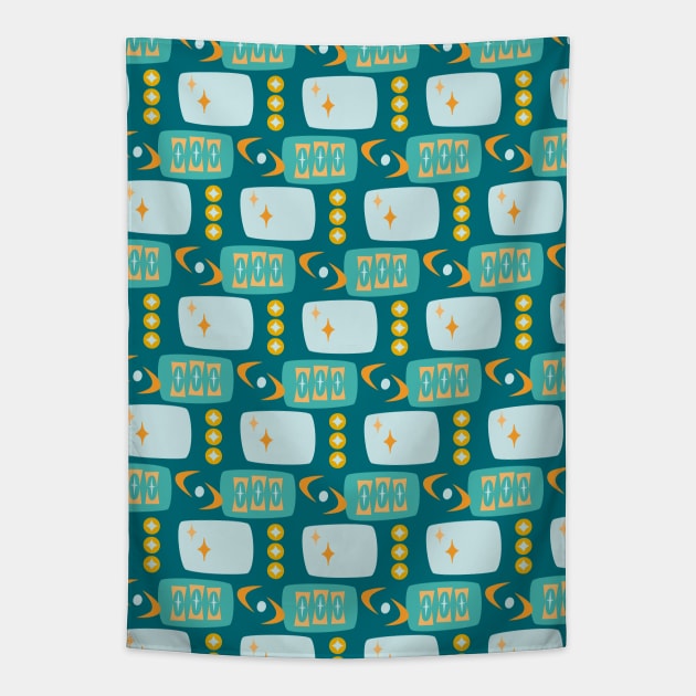 Atomic Age MCM Pattern in Teal, Aqua, Orange Tapestry by tramasdesign