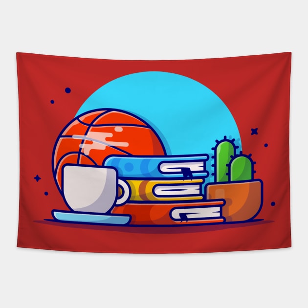 Reading with Basket Ball, Coffee, Cactus, and Books Cartoon Vector Icon Illustration Tapestry by Catalyst Labs