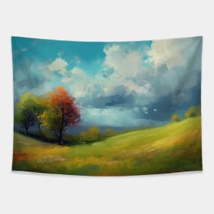 Abstract landscape with hills and trees and cloudy sky. Tapestry